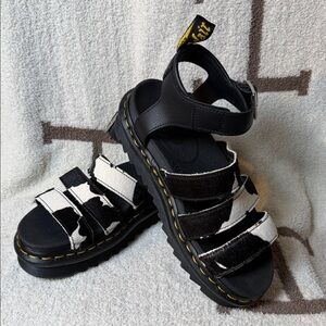 Dr. Martens Black and White Cow Print Blaire Sandals